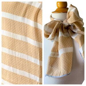 Vintage Bill Blais Tan & Cream Rectangular Striped Polka dot Silk Scarf